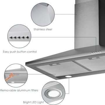 SOONYE 450 CFM 30 inch Range Hood, Stainless Steel Wall Mount Vent Hood, Convertible to Ductless/Ducted with LED Lights, 3 Speed Exhaust Fan