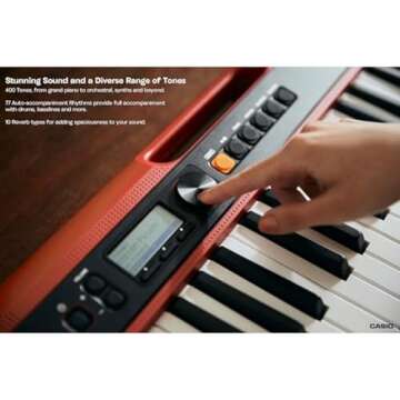 Casio Casiotone CT-S200, Beginner 61-Key Portable Keyboard with 200 Tones, 77 Rhythms, LCD Display, Music Rest, USB-MIDI, Stereo Speakers, Aux In, Headphone Out, Power Supply, Red (CT-S200RD)