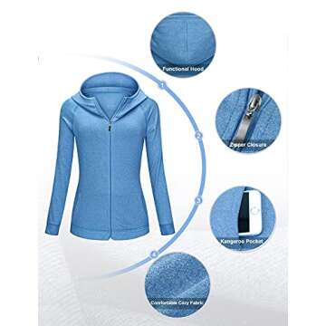 Tanst Sky Zip Up Sweatshirts for Women, Women's Workout Jacket Long Sleeve Sports Hoodies Hiking Running Athletic Shirts Moisture Wicking Stretchy Gym Clothes Blue Large