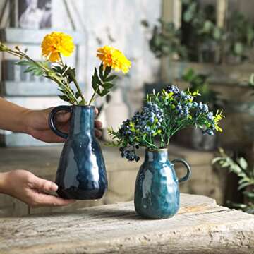 Tanvecle Ceramic Vase Set of 2, Blue Glazed Small Pottery Vases with Handles, Decorative Clay Vase Modern Farmhouse Decor, Centerpiece Dining Table Decorations Porcelain