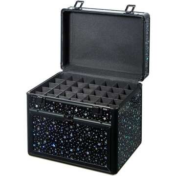 Nail Polish Case With Drawer and Dividers Makeup Travel Case Portable Cosmetic Organizer (black with shiny star)