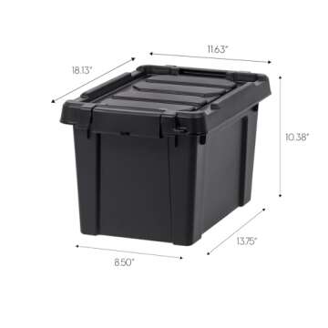 IRIS USA 5 Gallon Lockable Storage Bins with Lids, 6 Pack - Made in USA, Heavy Duty, Stackable Containers, Garage Organizing Bins Moving Tubs, Rugged Sturdy Equipment Utility Box - Black