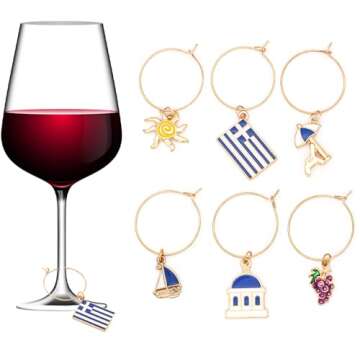 Greek Wine Glass Charms, Gift for Greeks, Greece Inspired Glass Identifiers, Set Include 6 charms: Greek Flag, Santorini Chapel, Sun, Sunbed, Boat and Grape, Greek Woman Gift