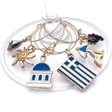 Greek Wine Glass Charms, Gift for Greeks, Greece Inspired Glass Identifiers, Set Include 6 charms: Greek Flag, Santorini Chapel, Sun, Sunbed, Boat and Grape, Greek Woman Gift