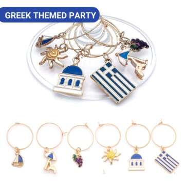 Greek Wine Glass Charms, Gift for Greeks, Greece Inspired Glass Identifiers, Set Include 6 charms: Greek Flag, Santorini Chapel, Sun, Sunbed, Boat and Grape, Greek Woman Gift