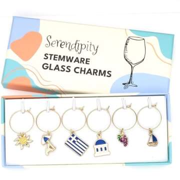 Greek Wine Glass Charms, Gift for Greeks, Greece Inspired Glass Identifiers, Set Include 6 charms: Greek Flag, Santorini Chapel, Sun, Sunbed, Boat and Grape, Greek Woman Gift