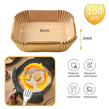 Ailun Air Fryer Paper Liners 8inch, 100PCS Non-Stick Parchment Paper,Oil Resistant,Disposable Food Grade Free of Bleach Paper Square for 5-8 QT Air Fryer Baking Roasting Microwave