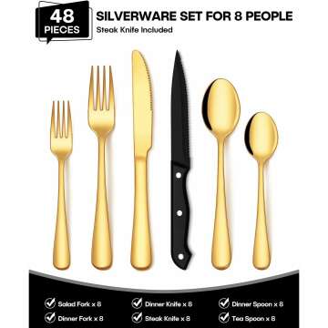 Gold Silverware Set with Steak Knives for 8