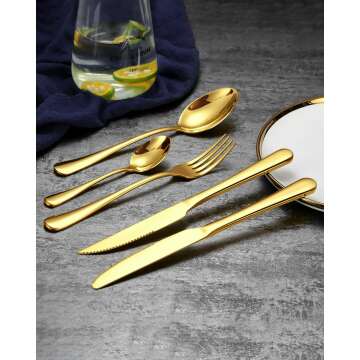 Gold Silverware Set with Steak Knives for 8