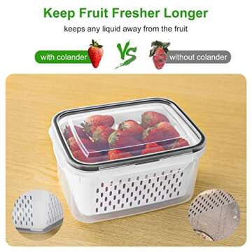 5 PCS Large Fruit Containers for Fridge - Leakproof Food Storage Containers with Removable Colander - Dishwasher & microwave safe Produce Containers Keep Fruits, Vegetables, Berry, Meat Fresh longer