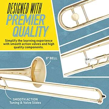 Mendini by Cecilio Trombone Kit - Bb Tenor Brass Instruments for Kids, Beginners w/Case & Gloves