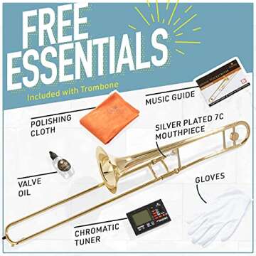 Mendini by Cecilio Trombone Kit - Bb Tenor Brass Instruments for Kids, Beginners w/Case & Gloves