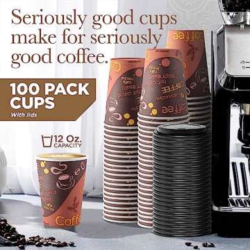 Disposable Coffee Cups with Lids 12 oz (100 Pack) - To Go Paper Coffee Cups for Hot & Cold Beverages, Tea, Hot Chocolate, Water, Juice, Eco Friendly