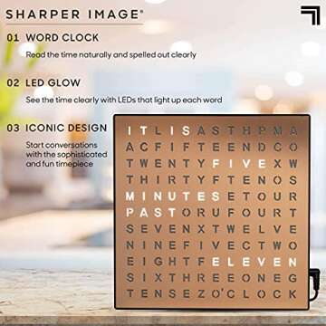 Sharper Image® LED Light-Up Word Clock, 7.75" Modern Design, Electronic Accent Wall or Desk Clock, USB Cord & Power Adapter, Unique Contemporary Home & Office Decor, Easy Setup, Housewarming Gift