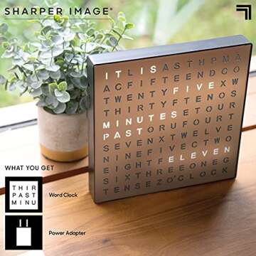 Sharper Image® LED Light-Up Word Clock, 7.75" Modern Design, Electronic Accent Wall or Desk Clock, USB Cord & Power Adapter, Unique Contemporary Home & Office Decor, Easy Setup, Housewarming Gift