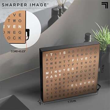 Sharper Image® LED Light-Up Word Clock, 7.75" Modern Design, Electronic Accent Wall or Desk Clock, USB Cord & Power Adapter, Unique Contemporary Home & Office Decor, Easy Setup, Housewarming Gift