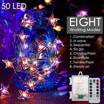 4th of July Decor Lights - 16 FT 50 LED US Flag Star String Lights Battery Operated, Patriotic Light with Remote & Timer, Star String Light for Independence Day Decoration President Day Memorial Day