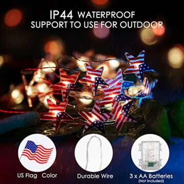 4th of July Decor Lights - 16 FT 50 LED US Flag Star String Lights Battery Operated, Patriotic Light with Remote & Timer, Star String Light for Independence Day Decoration President Day Memorial Day