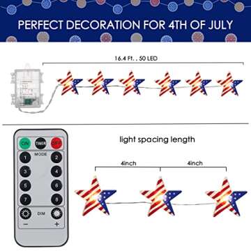 4th of July Decor Lights - 16 FT 50 LED US Flag Star String Lights Battery Operated, Patriotic Light with Remote & Timer, Star String Light for Independence Day Decoration President Day Memorial Day