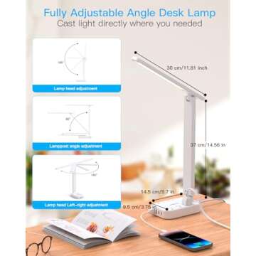 Power Strip with LED Desk Lamp, 3 Outlets 4 USB Ports(2 USBC) 4 Modes 5 Level Touch Lamp Small Desk Lamp for Home Office Bedroom Bedside, Study Reading Light, 5ft Extension Cord, Dorm Room Essentials