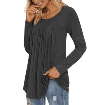 LONGYUAN Women Long Sleeve Top Tee Casual Loose Fitting Tunics Lounge Solid Blouses Dark Grey Large