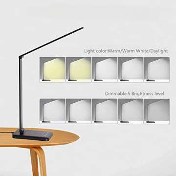 White crown LED Desk Lamp Dimmable Table Reading Lamp with USB Charging Port, 5 Lighting Modes, Sensitive Control, 30/60 Minutes Auto-Off Timer, Eye-Caring Office Lamp (Black, Small)