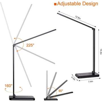 White crown LED Desk Lamp Dimmable Table Reading Lamp with USB Charging Port, 5 Lighting Modes, Sensitive Control, 30/60 Minutes Auto-Off Timer, Eye-Caring Office Lamp (Black, Small)