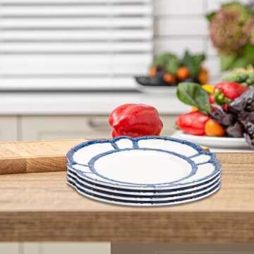 Two's Company 4-Pack Bamboo Rim Accent Kitchenware Set - Durable Melamine Plates with Elegant Blue Rim, Dishwasher Safe, Perfect for Parties & BBQs