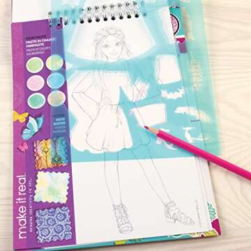 Make It Real Fashion Design Sketchbook Kit for Girls - Blooming Creativity Set with Stencils, Puffy Stickers, Design Guide - Unleash Fashion Talent, Develop Skills, for Kids Ages 6