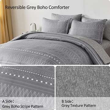 WONGS BEDDING Grey Boho Comforter Set Full Size,7 Pieces Bed in a Bag Dark Grey Comforter with Flat Sheet, Fitted Sheets,Pillowcases & Shams Bohemian Reversible Soft Microfiber Bedding Set