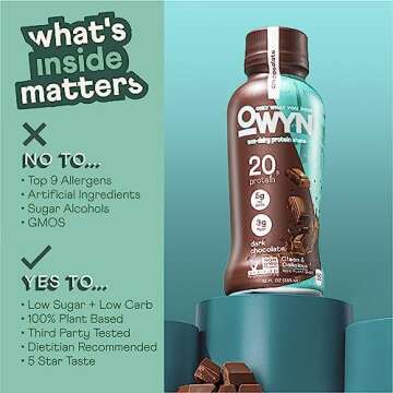 OWYN Only What You Need Plant Based Protein Shake, Dark Chocolate, 20g Vegan Protein from Organic Pumpkin seed, Flax, Pea Blend, Omega-3, Prebiotic supplements, Gluten and Soy-Free, (12 Pack)