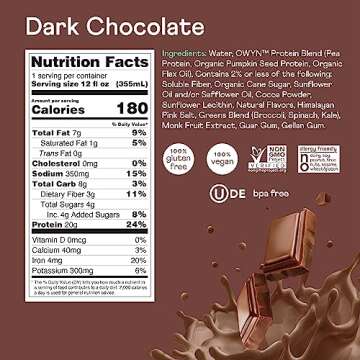 OWYN Only What You Need Plant Based Protein Shake, Dark Chocolate, 20g Vegan Protein from Organic Pumpkin seed, Flax, Pea Blend, Omega-3, Prebiotic supplements, Gluten and Soy-Free, (12 Pack)