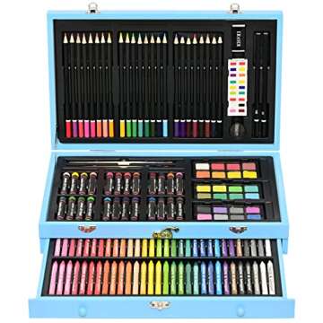 Sunnyglade 145 Piece Deluxe Art Set, Wooden Art Box & Drawing Kit with Crayons, Oil Pastels, Colored Pencils, Watercolor Cakes, Sketch Pencils, Paint Brush, Sharpener, Eraser, Color Chart (Blue)