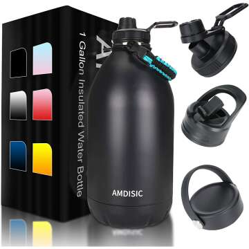 AMDISIC One Gallon Vacuum Insulated Water Bottle Stainless Steel 128oz Large Water Jug Black with 3 Lids & Braided Rope Handle for Outdoor Hiking Camping Sport Hot Cold Drink