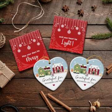 Gift Glow Neighbor Gifts Christmas Ornaments 2024 - Christmas, Birthday Gifts for Neighbors, Friends, Women, Men, The Neighbor Favor, Christmas Tree Decorations Heart-Shaped Ceramic Ornament