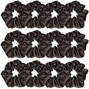 12 Pcs Satin Silk Scrunchies - Soft Hair Ties, Fashion Bands, Bows, Ropes, Elastic Bracelets, Ponytail Holders Hair Accessories for Women and Girls (4.5 Inch, Black)