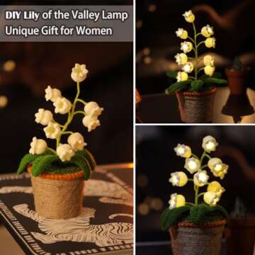 Lily of The Valley Lamp, Crochet Artificial Flowers with Night Lights, Cordless Table Lamp - Women Gift Ideas for Christmas Valentine Mother's Day, Desk Home Decorations