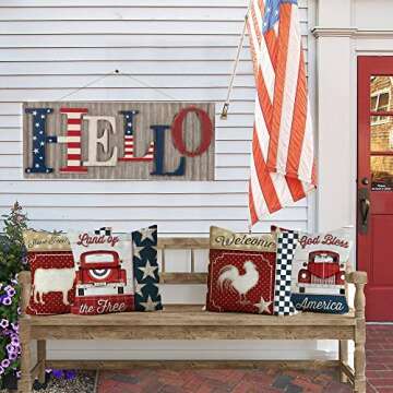 4th of July Decorations Farmhouse Pillow Covers Independence Day Set of 4 18x18 Farm Animal Memorial Day Patriotic American Flag Throw Pillow Covers