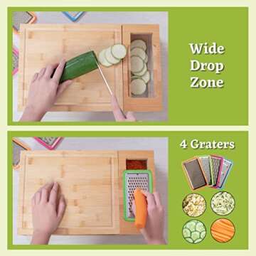 Bamboo Cutting Board With Containers - Meal Prep Station With Removable Top, Kitchen Boards & Food Storage Tray With Lids, Home Prepdeck Marble & Veggie Shredder Wood Prepboard Deck Slide Drawer Bins