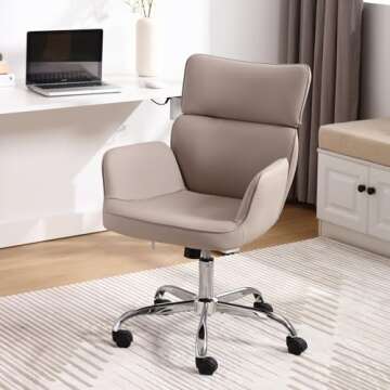 BERYTH Home Office Chair with Wheels, Adjustable Height Swivel Mid-Back Armchair Task Chair, Modern PU Leather Ergonomic Tilt Computer Desk Vanity Chair for Office, Study Room(PU LightGrey)