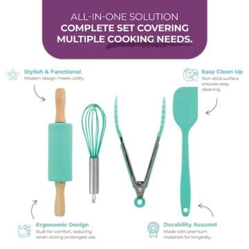 Tovla Jr. Kids Cooking Utensils Set - 4-Piece Kids Kitchen Tools - Safe Kids Baking Set - Food Grade Toddler Chef Supplies - Gender Neutral Silicone Cookware Kit with Spatula Whisk Tongs Rolling Pin