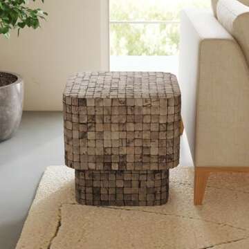 East at Main Indigo Road by Egypt Sherrod Samoa Square Coconut Shell Side Table, Handcrafted Eco-Friendly Side Table with Mosaic Pattern, 18" Square Unique Side Table (Grey)