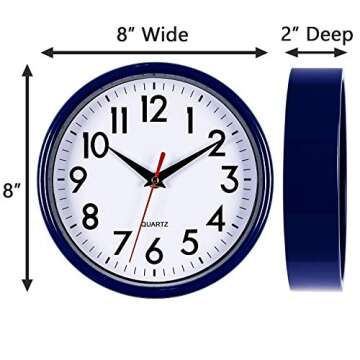 Bernhard Products Navy Blue Wall Clock 8" Silent Non-Ticking Quality Quartz Battery Operated Small Clock for Boys/Kitchen/Classroom/Office/Nursery Room Easy to Read