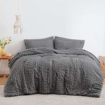 Love's cabin Seersucker Dark Grey Queen Comforter Set 7 Pieces, All Season Bedding Set, Queen Bed in a Bag Comforter Set with Comforter