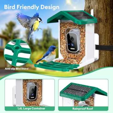 Smart Bird Feeder with Camera Solar Powered, AI Identify Bird Species 2.5k HD Auto Capture Bird Feeder Camera, Real Time Views and Notifications, Gift for Bird Lovers, Green