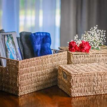 Trademark Innovations Set of 3 Rectangular Seagrass Baskets with Lids, Natural (Small)