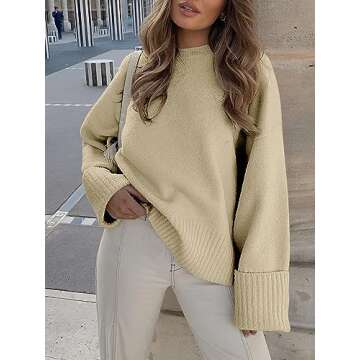 ANRABESS Women's Oversized Crewneck Long Sleeve Fuzzy Knit Casual Chunky Warm 2024 Fall Pullover Sweaters Top Trendy Outfits Almond X-Small