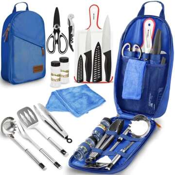 12 Piece Camp Kitchen Cooking Utensil Set Travel Organizer Grill Accessories Portable Compact Gear for Backpacking BBQ Camping Hiking Travel Cookware Kit Water Resistant Case (Blue)