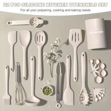 Silicone Kitchen Cooking Utensils Set, Umite Chef 22Pcs Heat Resistant Kitchen Utensils, Spatula, Spoon, Whisk, Dishwasher Safe Kitchen Utensil Gadgets Tools Set for Nonstick Cookware(Khaki)