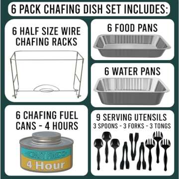 Chafing Dish Buffet Set, Half Size, Disposable Catering Supplies -6 Pack- Food Warmers for Parties: Foldable Wire Racks, Fuel, Aluminum Water Pans, Food Pans, Serving Utensils -Single Pan Food Warmer